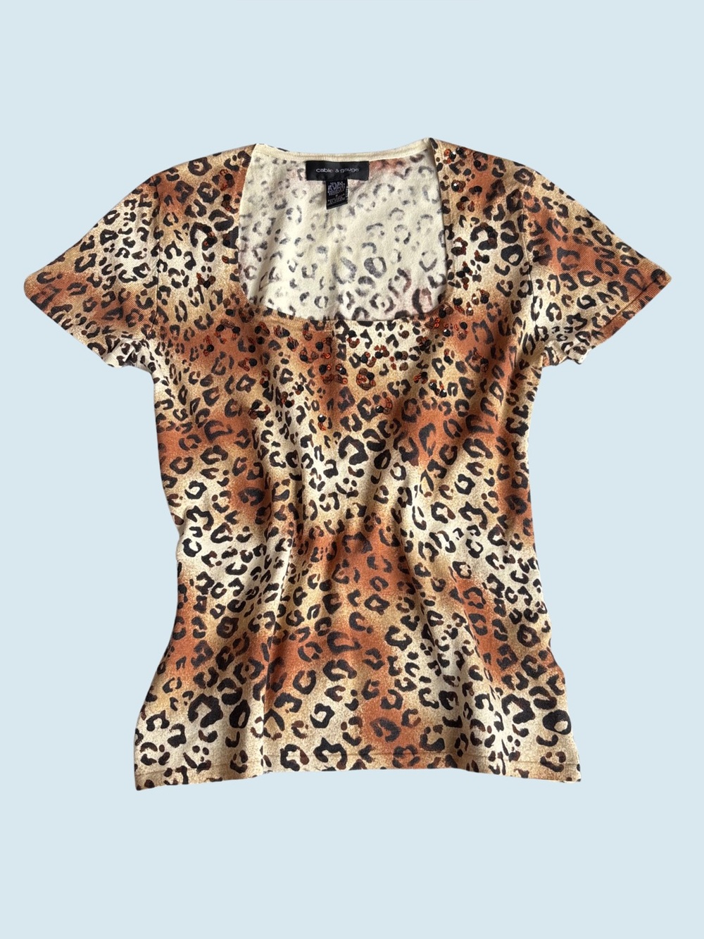 Cable & Gauge Leopard Print Square Neckline with Sequin Tee